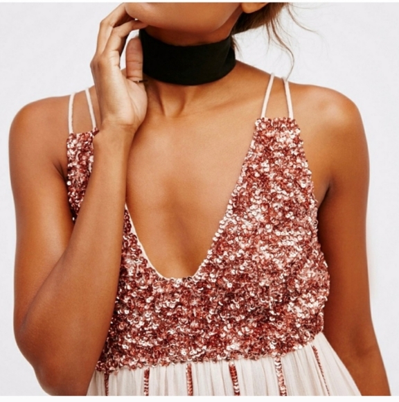 Free People Glitter Girl Sequin Rose Gold Embellished Mini Dress - Picture 3 of 16